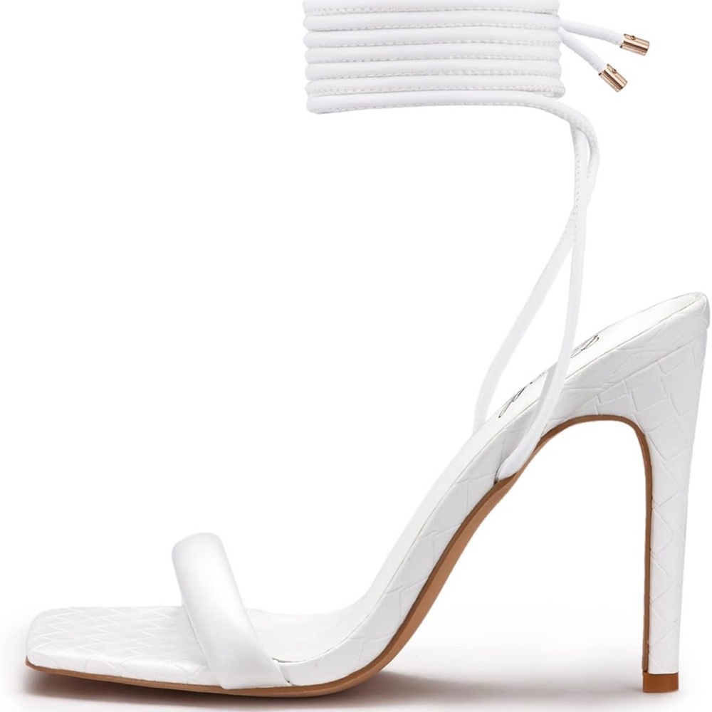 White Strappy High Heel Sandals, White Lace Up Heels, White Stiletto